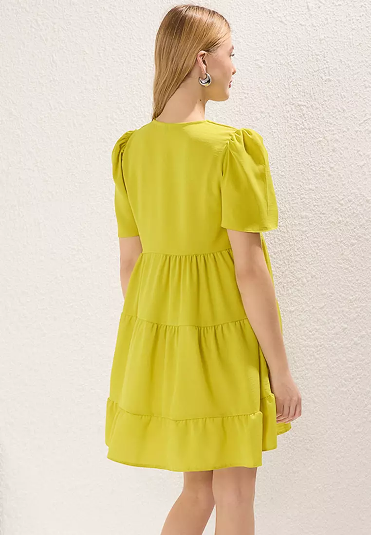 Oil Green Plain Straight Cut Mini Woven Dress