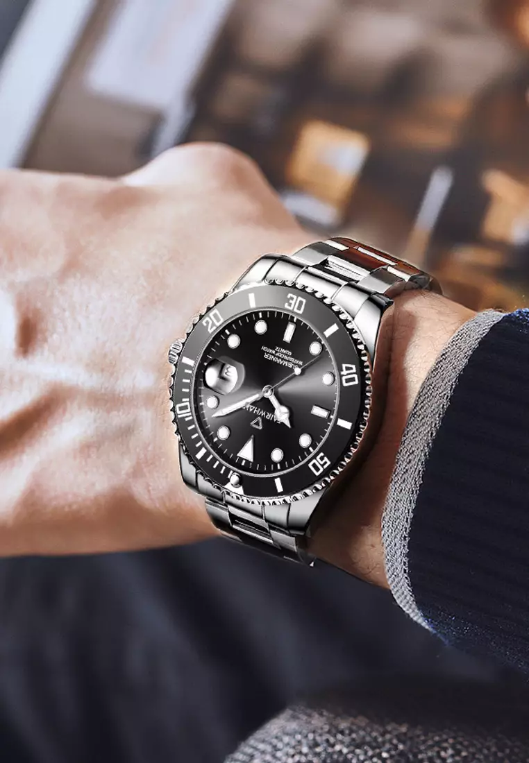 Unisex Stainless Steel Quartz Diver Watch, Black Dial, 40mm, Stainless Steel Bracelet