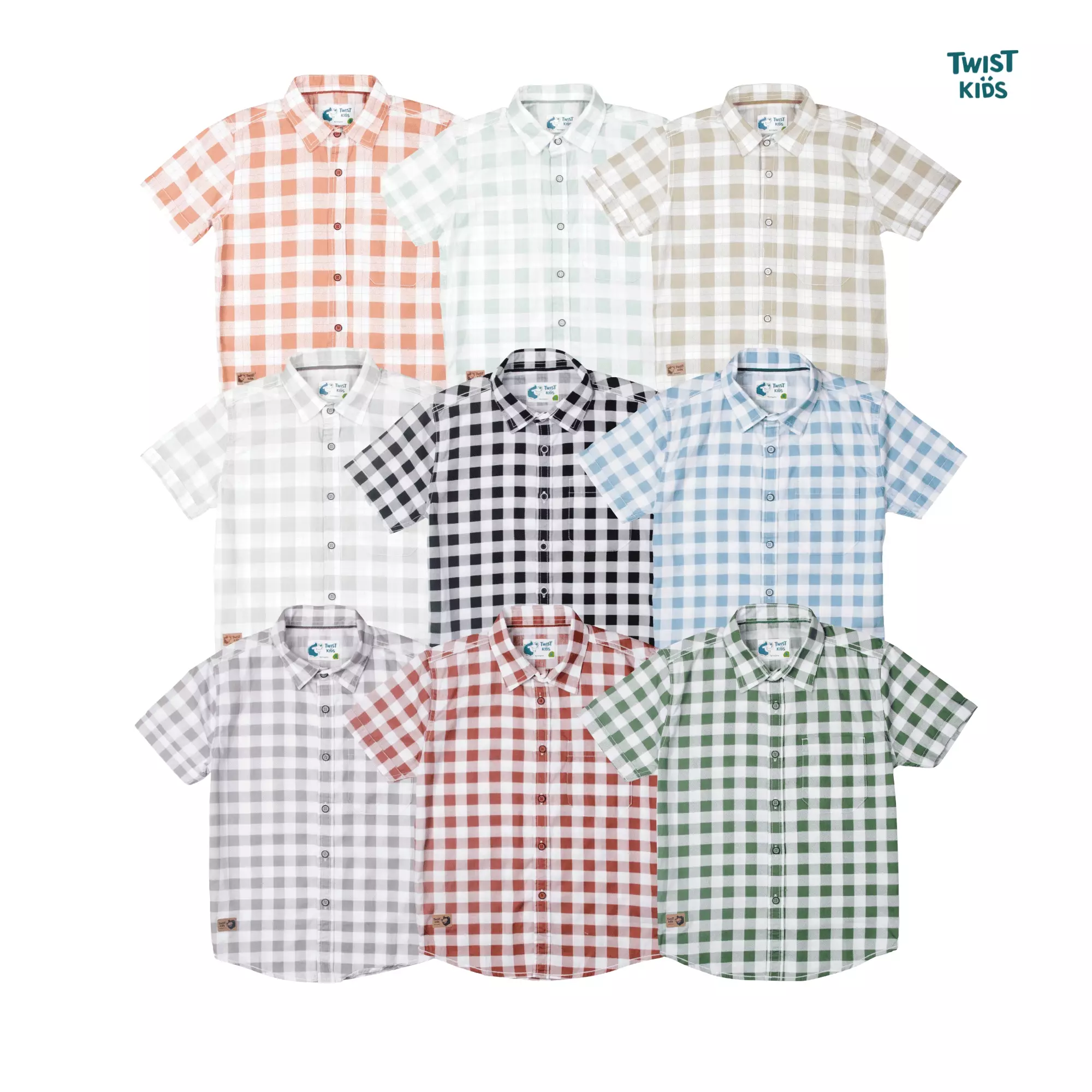 Twist Kids [Official Store] - Elard NC, Noos Series, Kemeja Lengan Pendek Motif Kotak-Kotak Anak Laki-laki (4-14 tahun) Warna Hijau (Green)