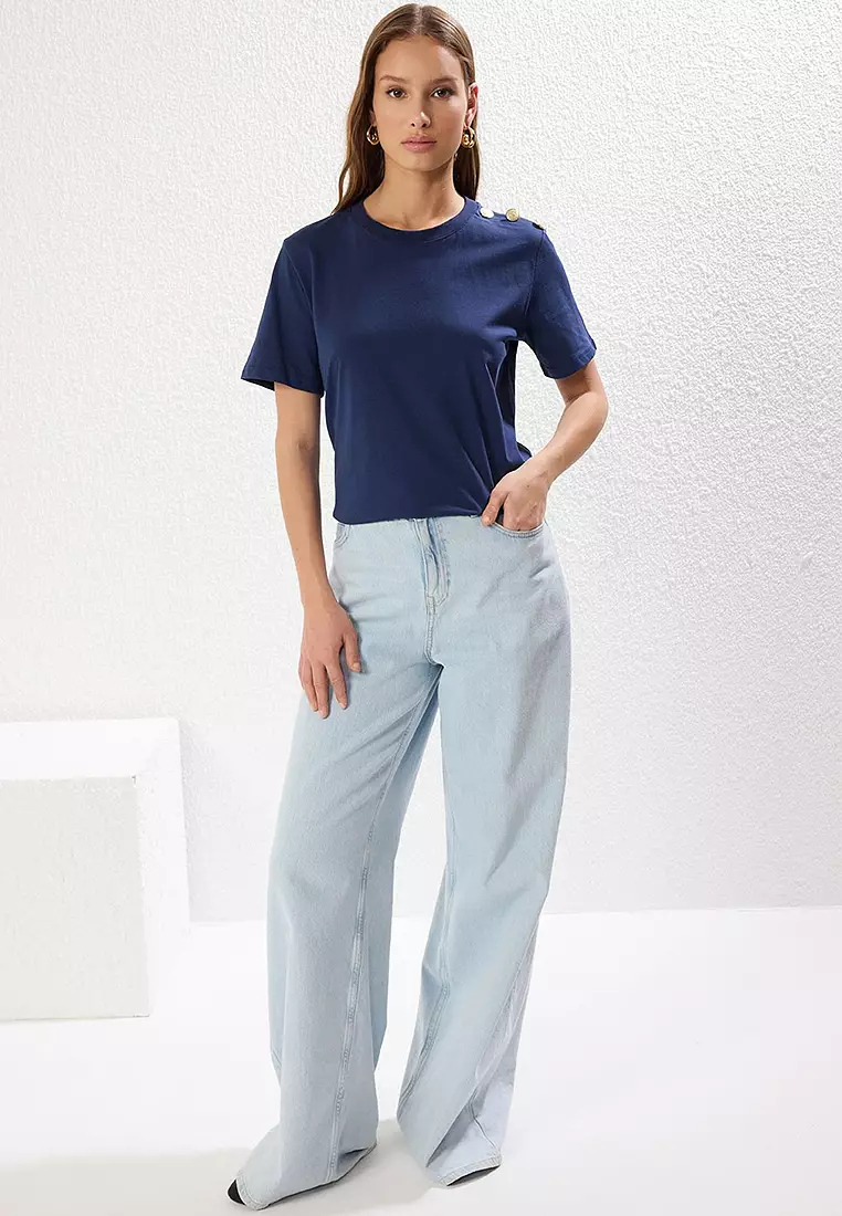 Navy Blue Gold Button Detail Regular Cut Knitted T-Shirt