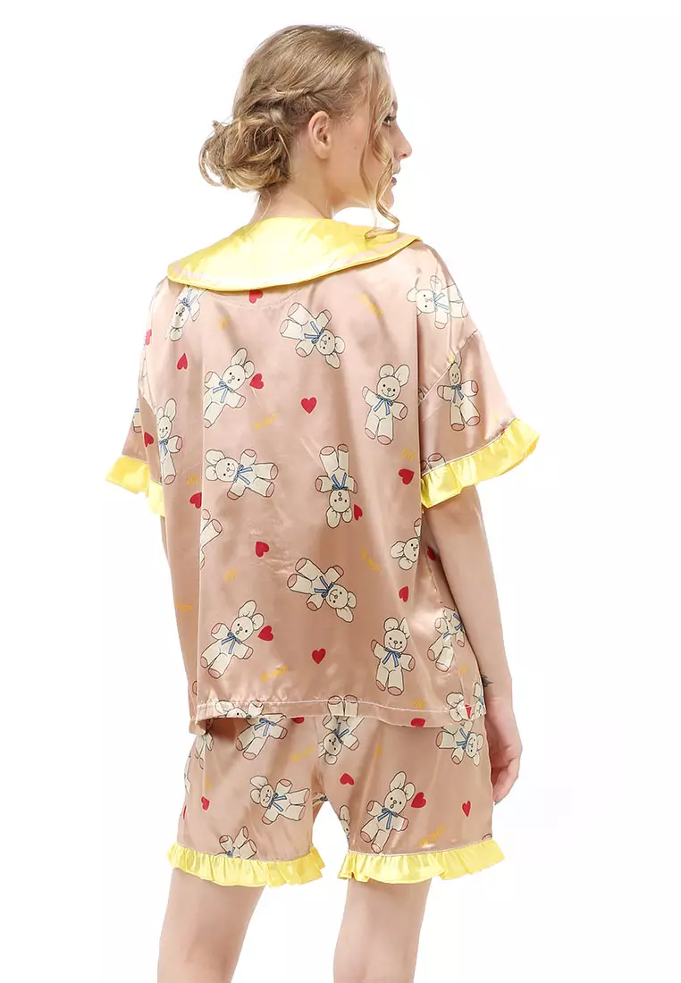 Vance Setelan Baju Tidur Wanita Lengan Pendek Motif Coco Bear Material Satin ORIGINAL - Yellow