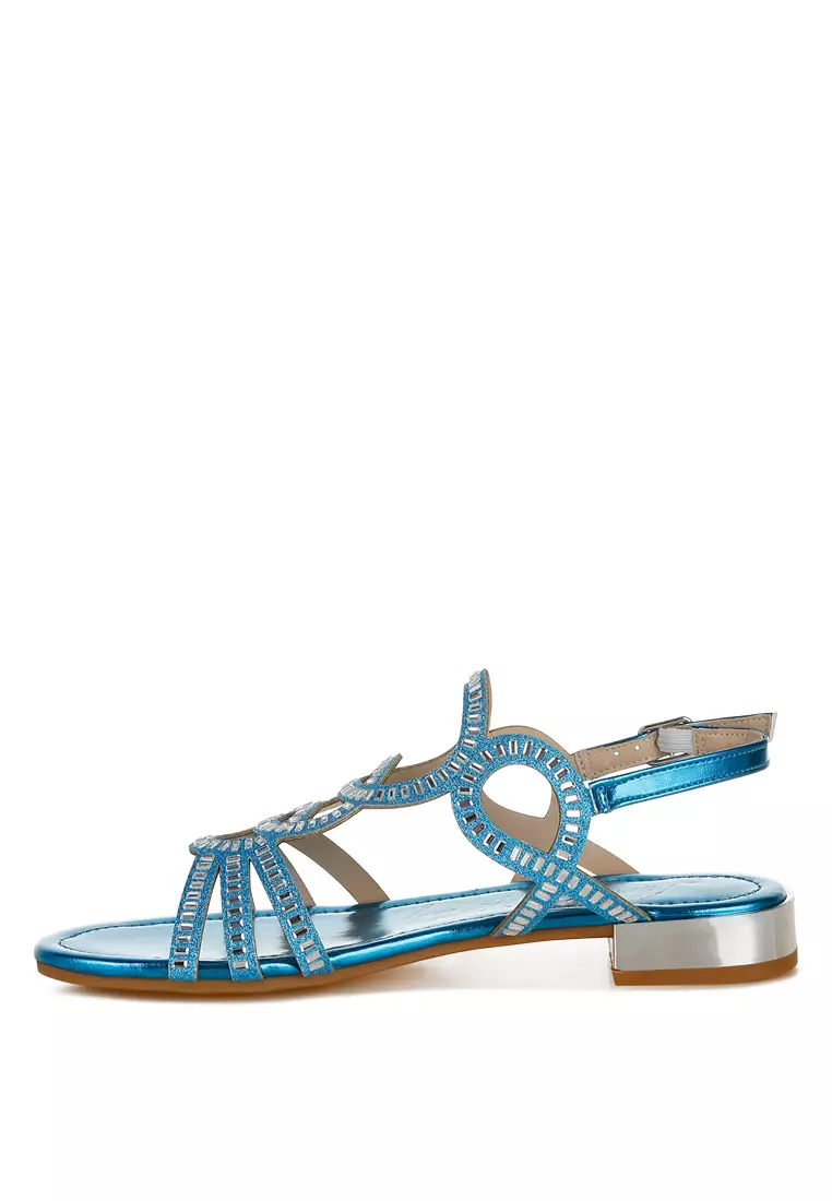 Sandal Datar Berlian Imitasi Detail Potongan Warna Biru Denim