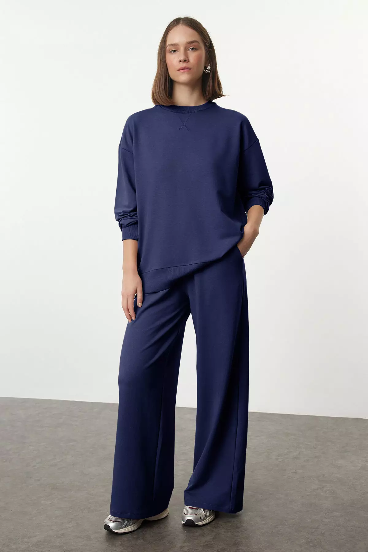 Navy Blue Relaxed/Comfortable Fit Wide Leg/Wide Leg Knitted Sweatshirt/Bottom Tracksuit Set