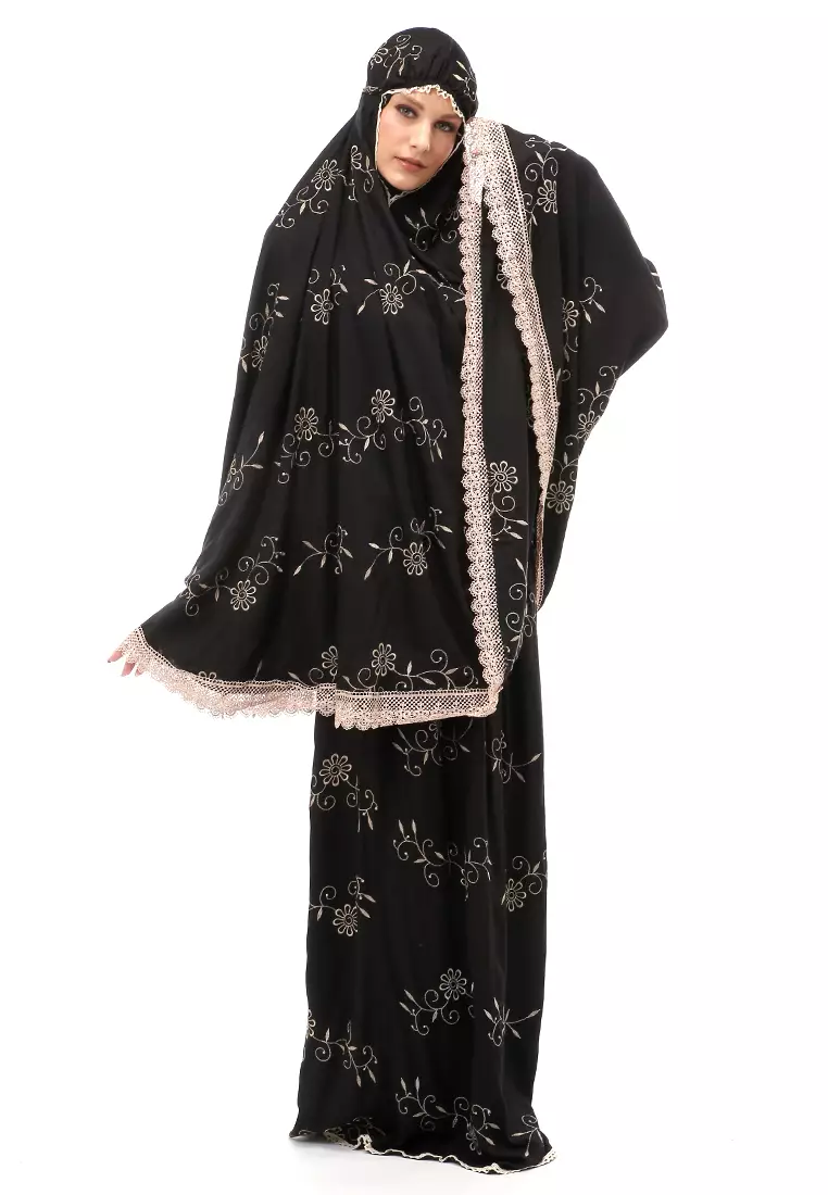 Hanjani Mukena Muslimah Atasan Bawahan Wanita Motif Bunga Relaxed Fit - Black