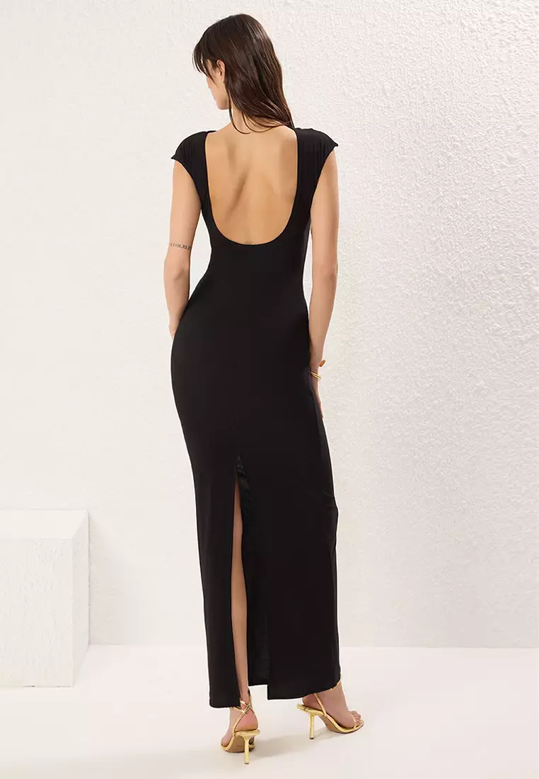 Black Accessory Detailed Knitted Long Elegant Evening Night Graduation Dress TPRSS25AE00097