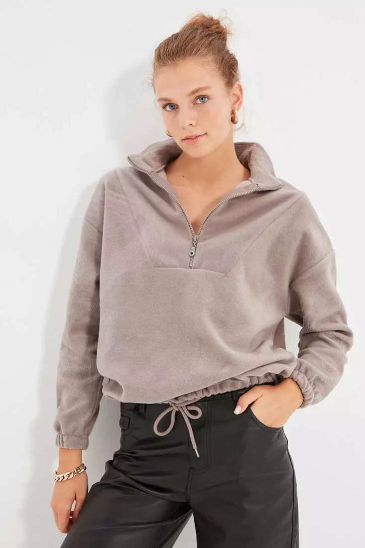 Zipper Detail Fleece Knitted Sweatshirt