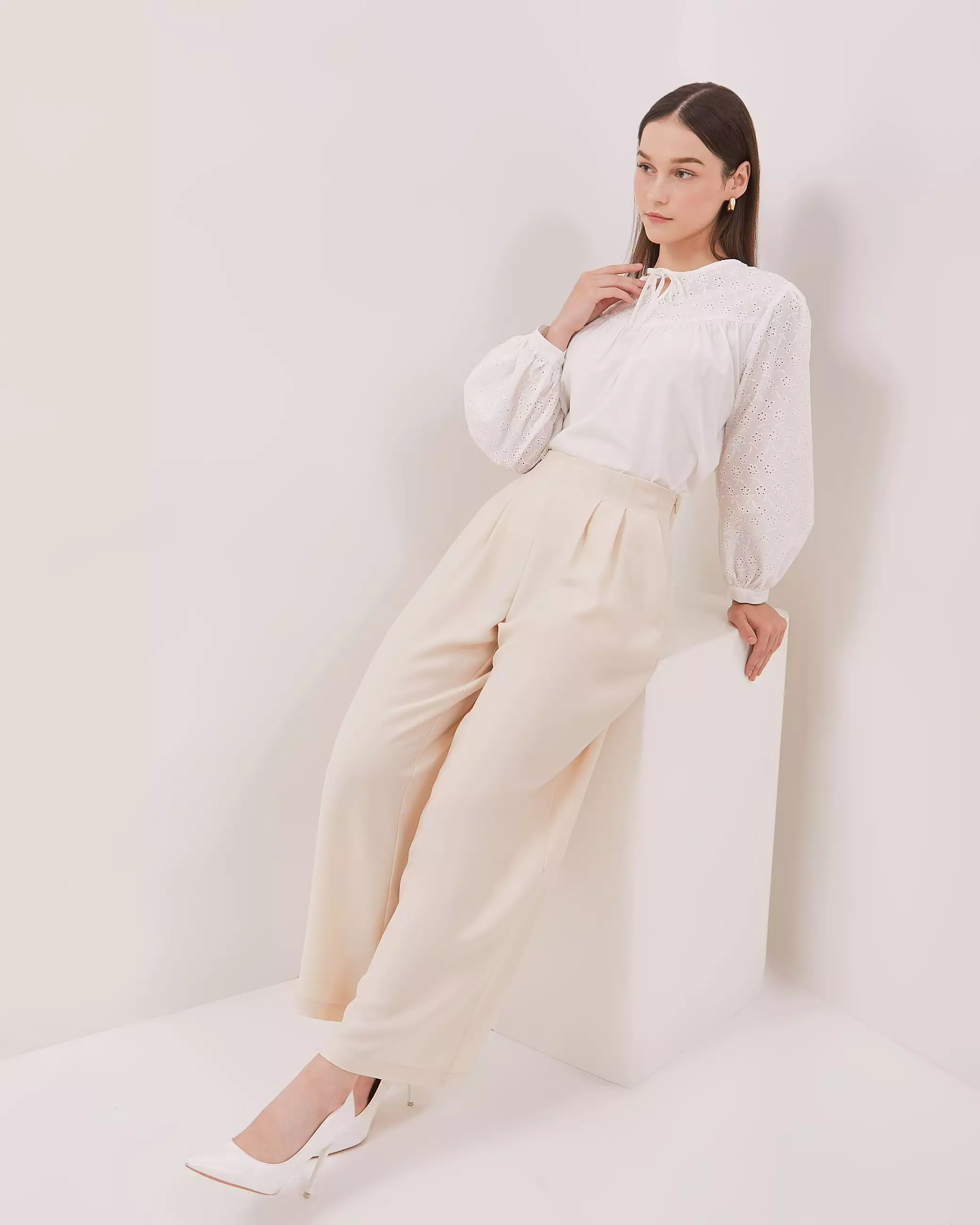 Urban Exchange Karen Off-White Pants / Bawahan Celana Panjang Kasual Wide-Leg Loose Fit Warna Off-white