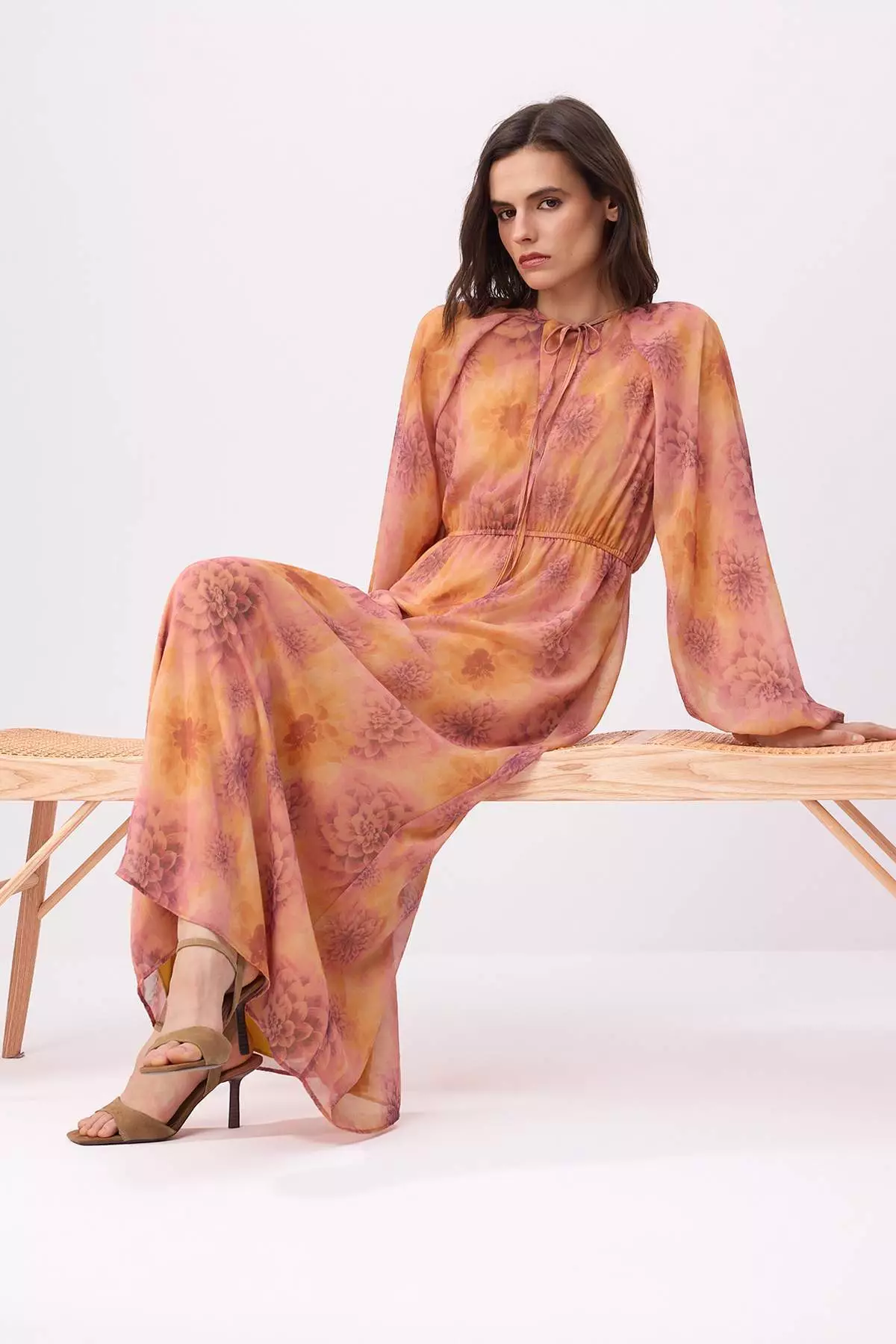 Orange Silk Chiffon Watercolor Floral Elastic Waist Lined Woven Hijab Dress Tctss26Eb00124
