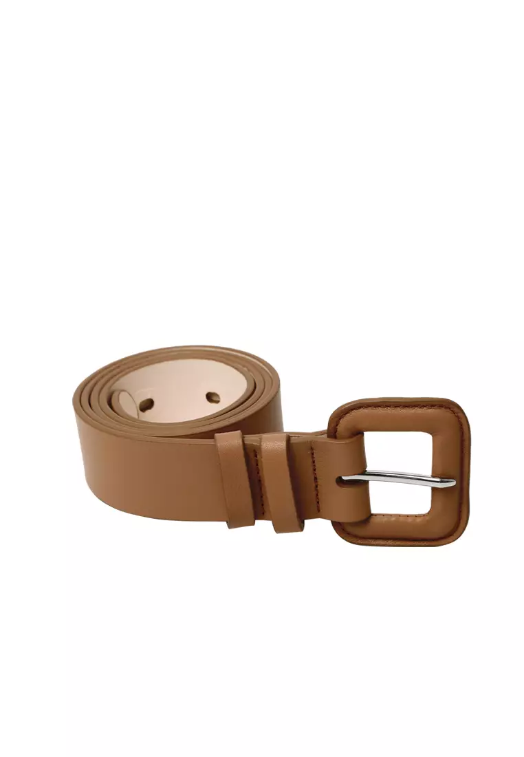 Leather Padded Square Buckle Belt - Caramel
