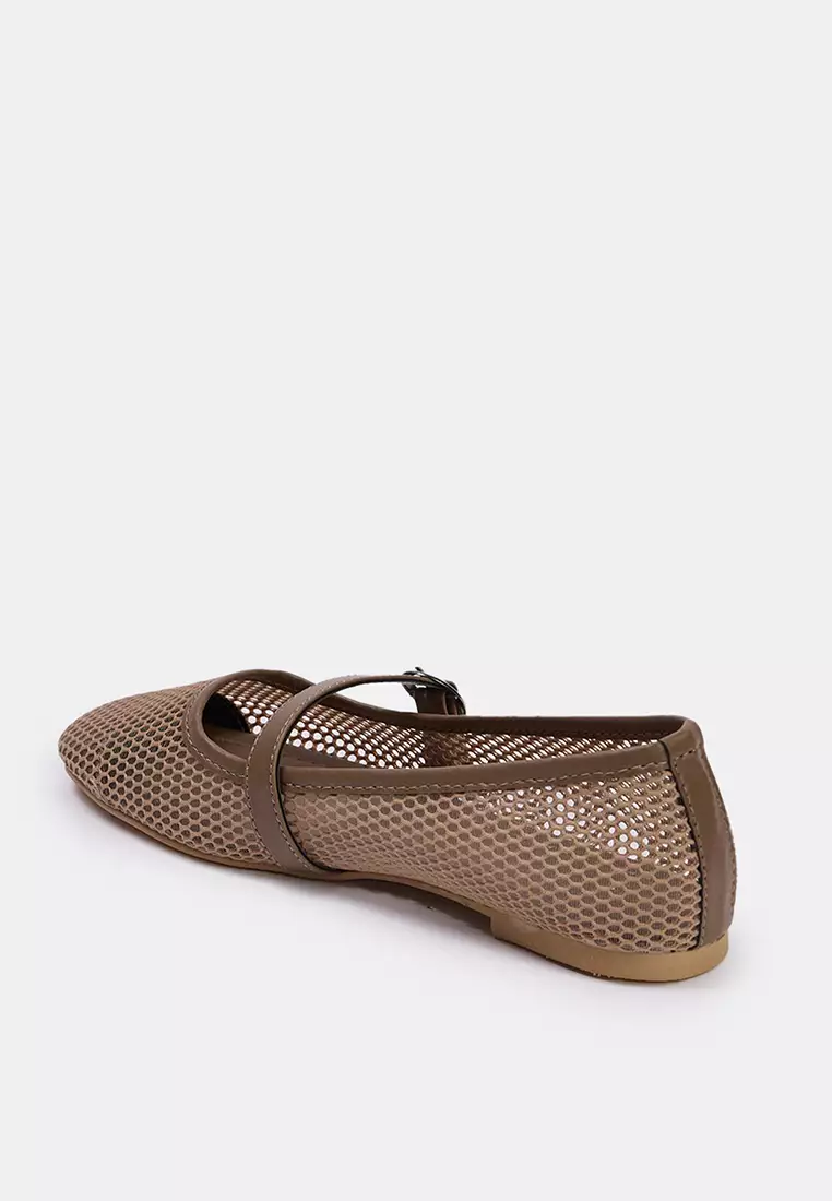 Beige Mesh Round Toe Mary Jane Women's Ballerinas Takss24Be00000
