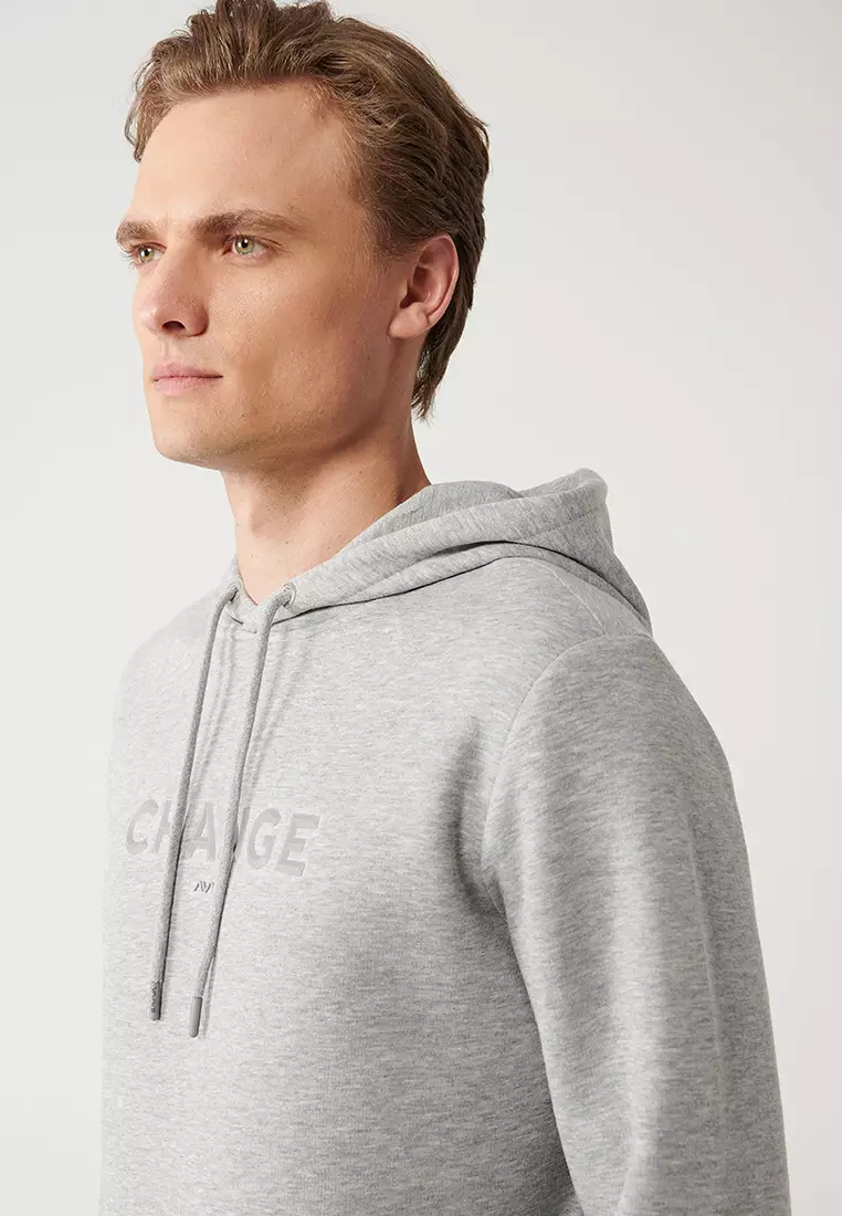 Men's Gray Hooded 3 Thread Raised Printed Sweatshirt A32Y1240