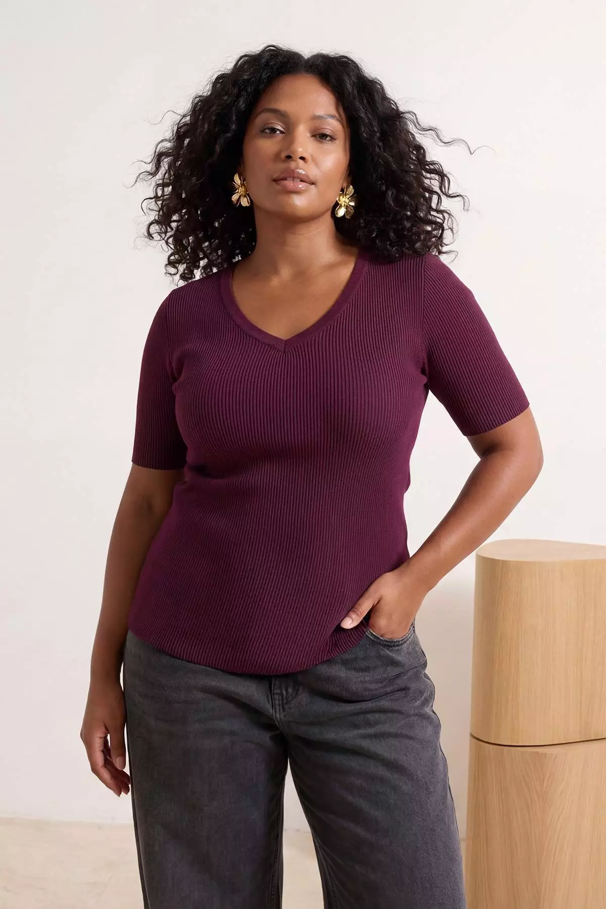 Plum Corded Fabric Heart Neck Premium/Special Yarn Knitwear Blouse Tbbss25Af00072