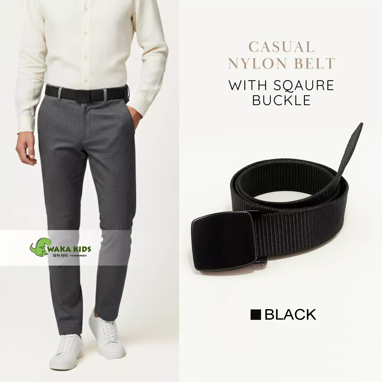 Wakakids Ikat Pinggang Pria Dewasa Nylon Canvas Sabuk Gesper Casual Kepala Besi Polos GP14 Vench Hitam