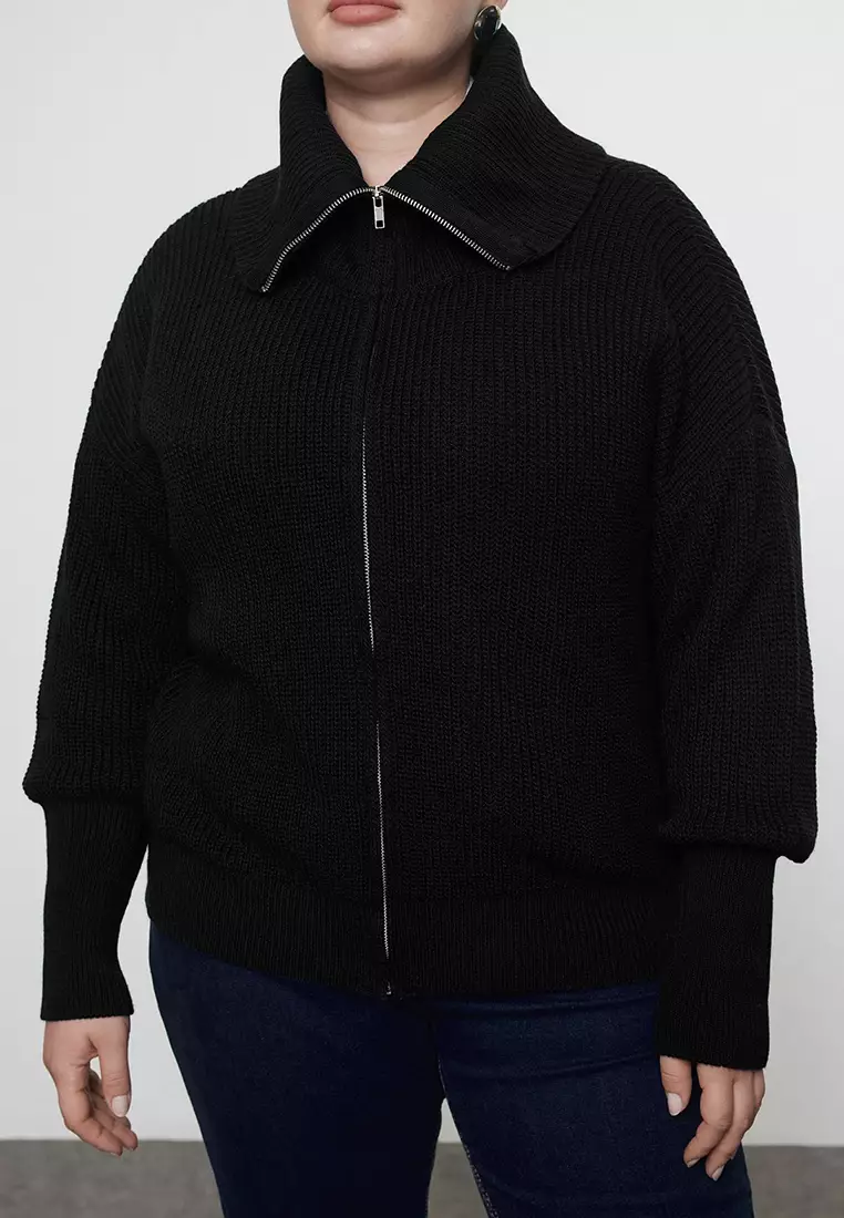 Black Turn-Down Collar Zippered Crop Knitwear Cardigan Tbbaw25Av00009
