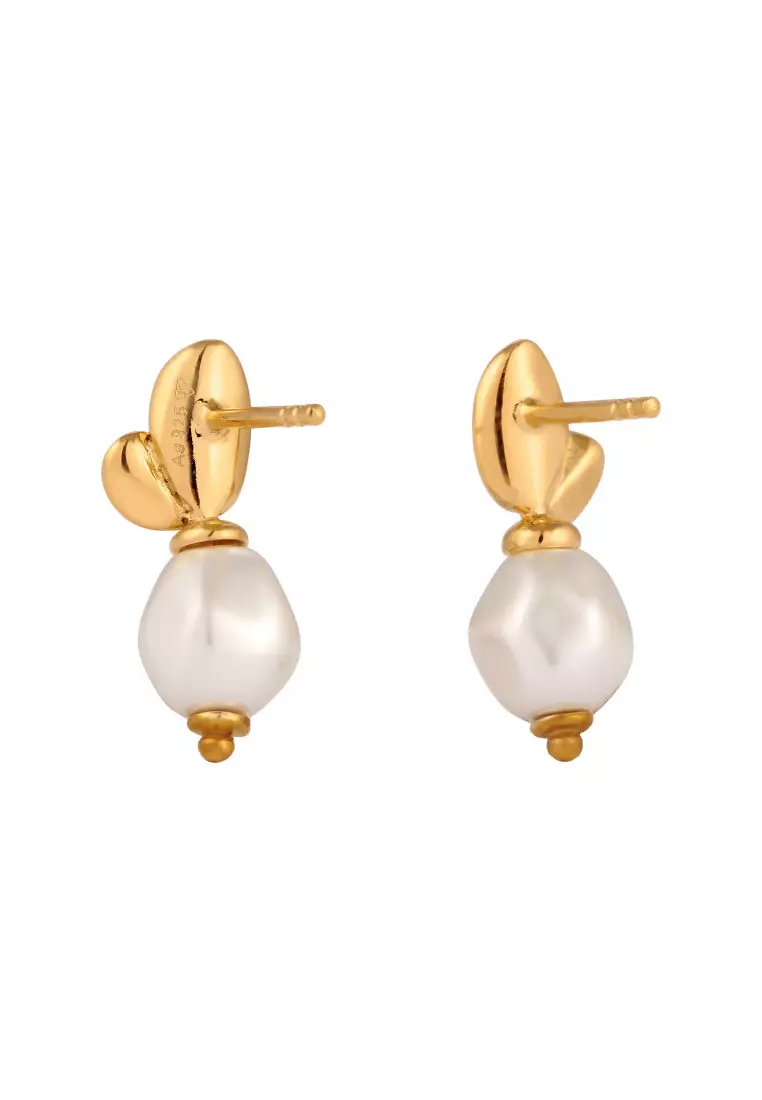 Anting Perhiasan Perak 925 Wanita Bunga Synthetic Pearl Gold Plated