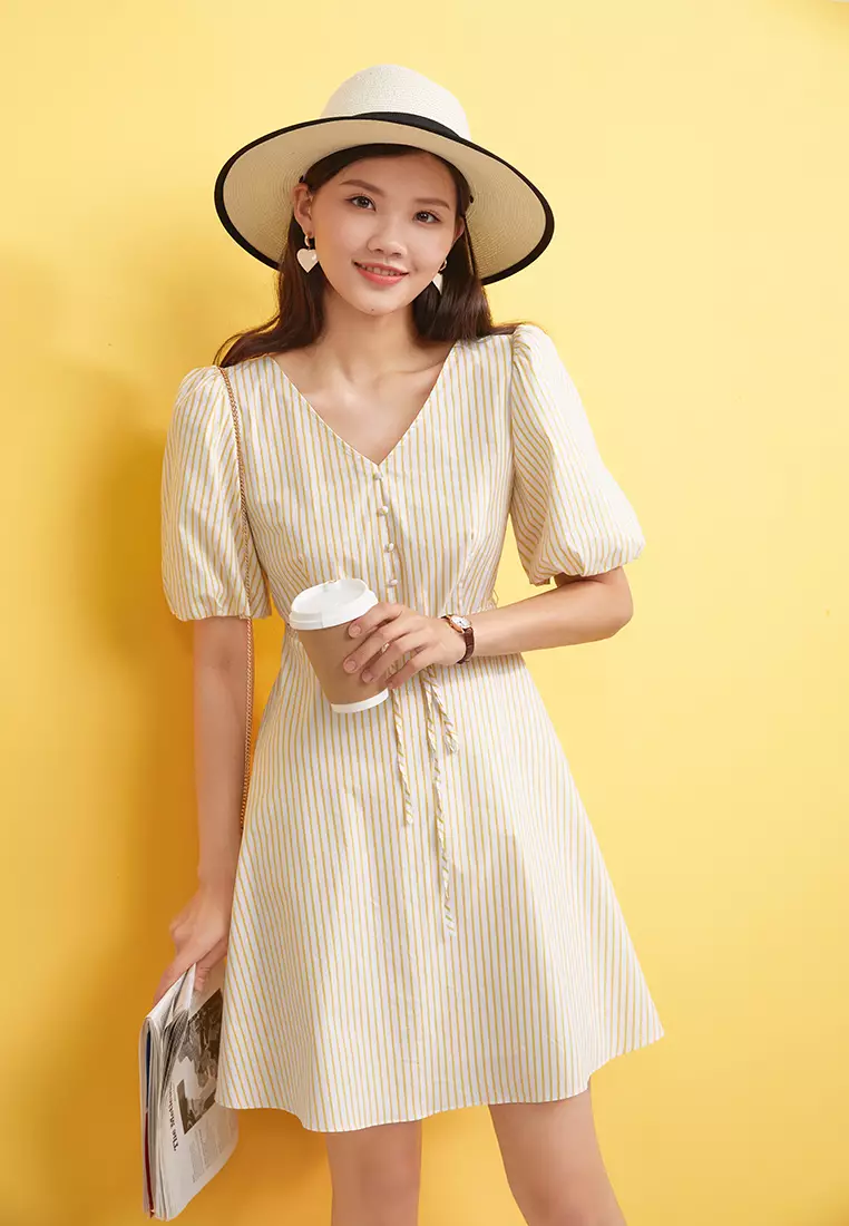 Puff Sleeve V-Neck Striped Mini Dress