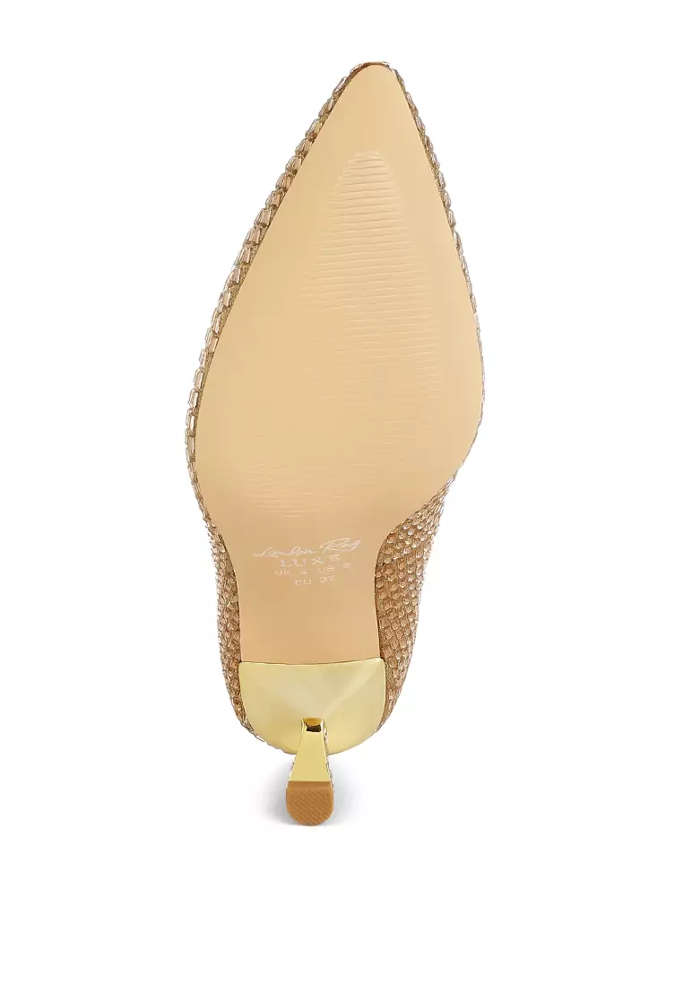 Sepatu Pumps Berhias Berlian Imitasi Warna Emas