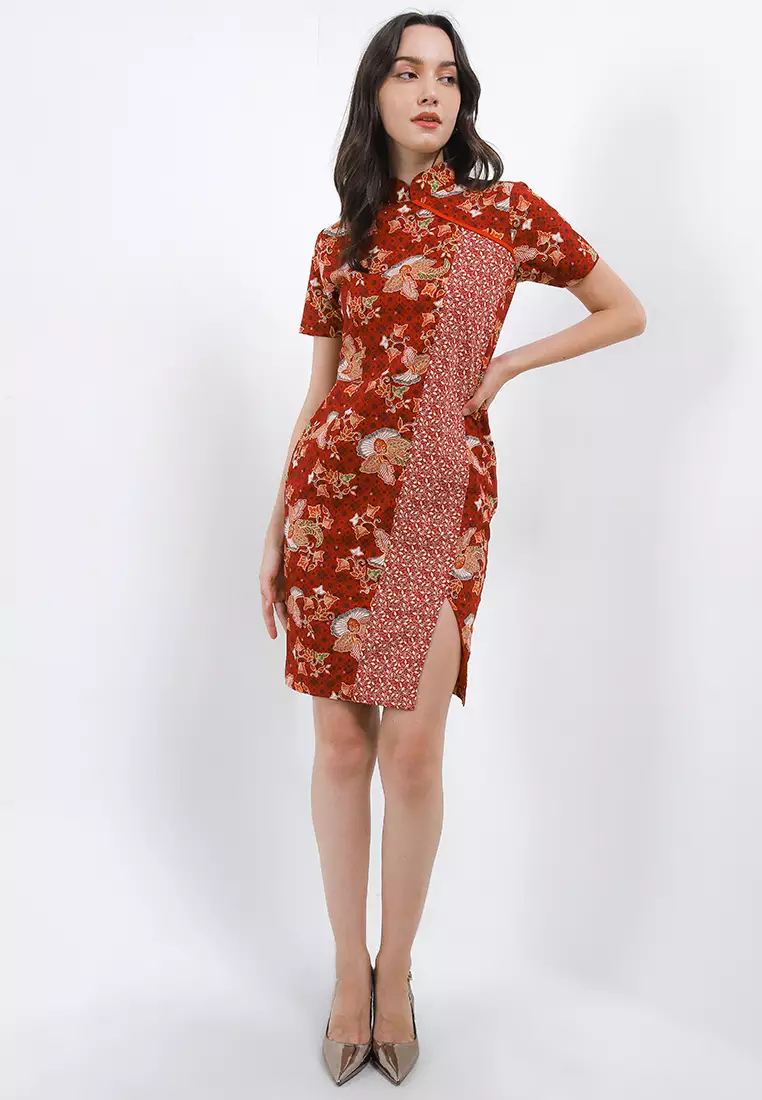 Midi Dress Bodycon Batik Wanita Rui Bodyfit Lining Red