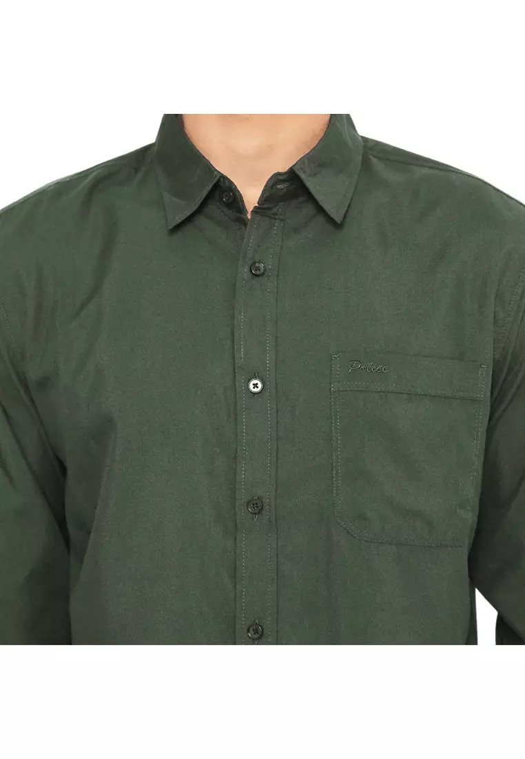 POLICE Kemeja Polos Basic Cotton Soft Olive Tua Regular Fit Lengan Panjang Pria