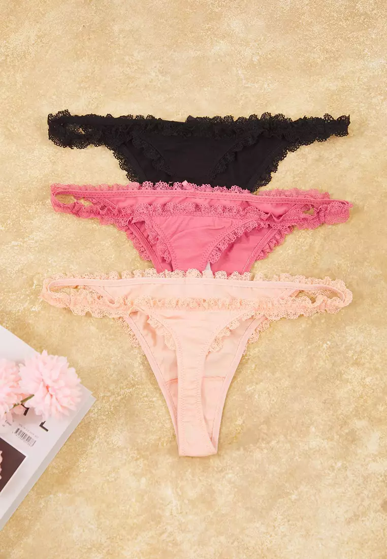 Pink-Multicolored 3-Pack Cotton Ribbon/Bow And Lace Detailed Knitted Thong Panties Thmaw26Ku00007