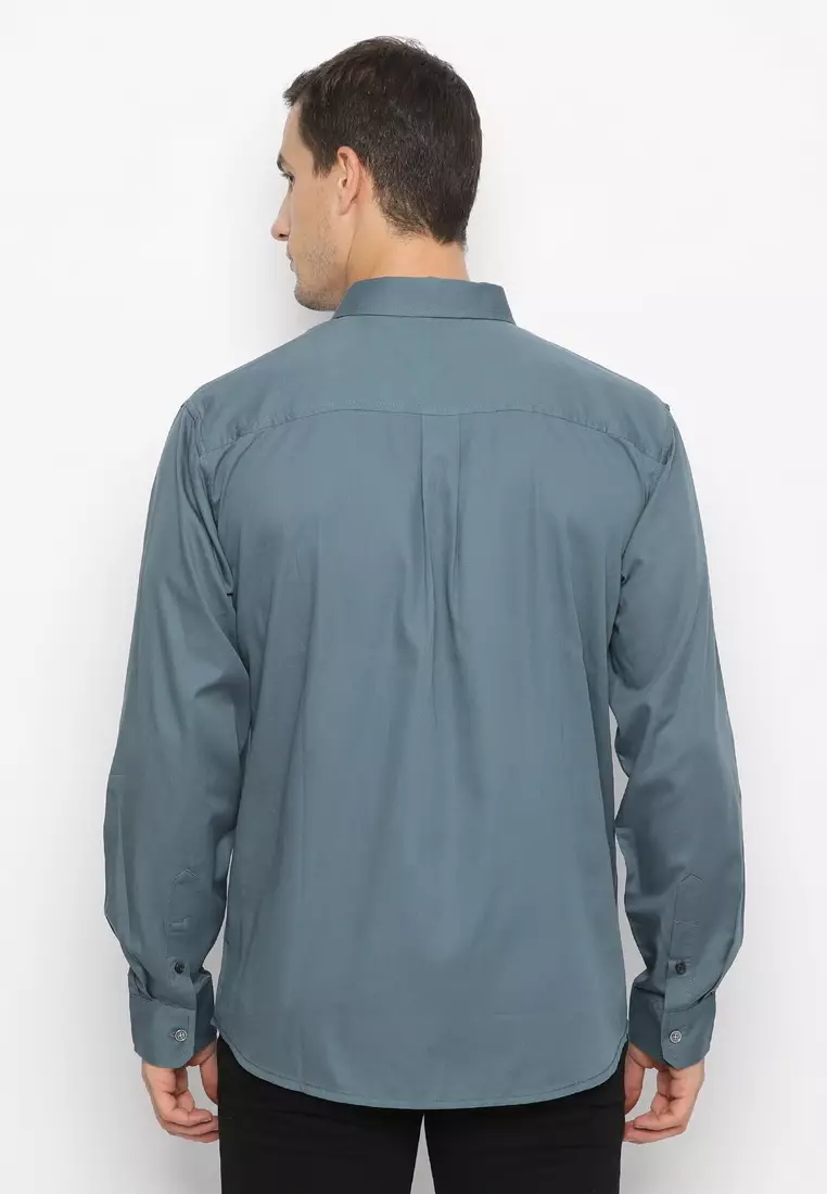 POLICE Kemeja Polos Cotton Twill Blue Grey Regular Fit Lengan Panjang Pria