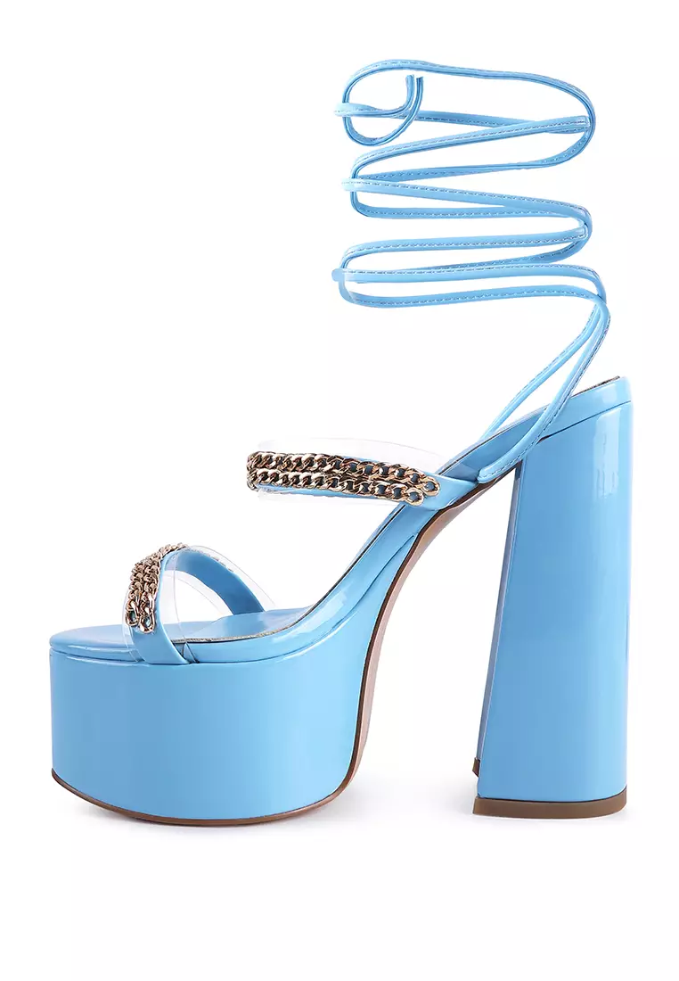 Sandal Chunky Bertali Rantai Logam Biru