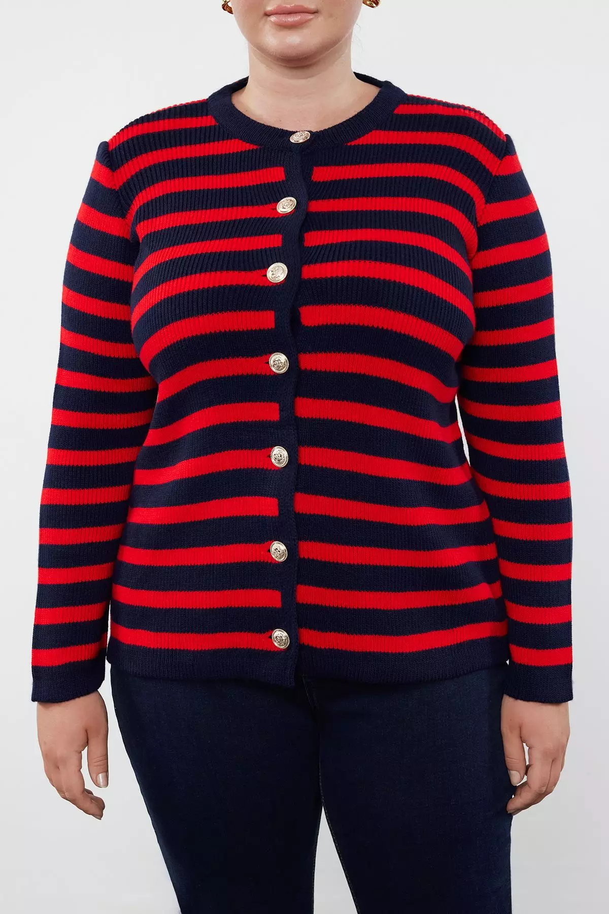 Navy Blue-Red Striped Jacket-Look Knitwear Cardigan Tbbaw24Av00011