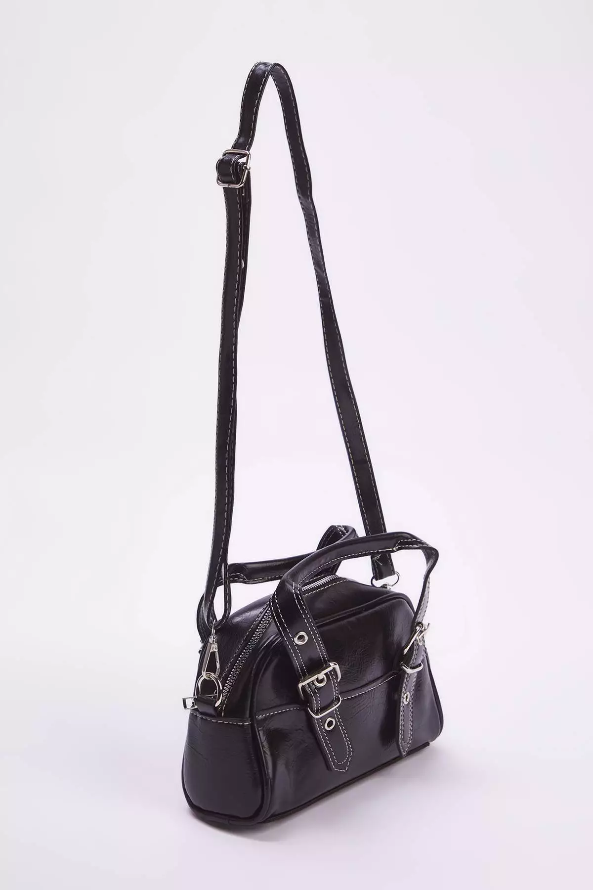 Black Contrast Stitched Women's Bowling Small Mini City Hand And Shoulder Bag