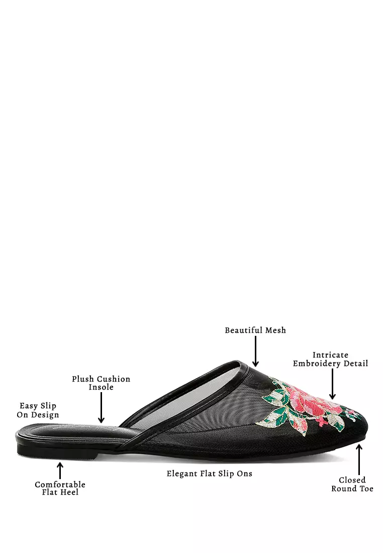 Floral Embroidered Mesh Mules in Black