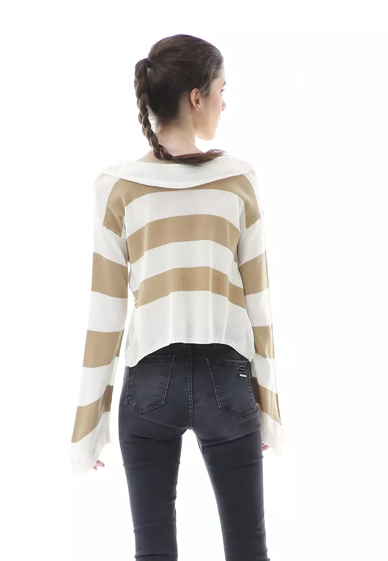 Vilia Rajut Crop Atasan Wanita Oversize Motif Stripe Garis Relaxed Fit - Khaki