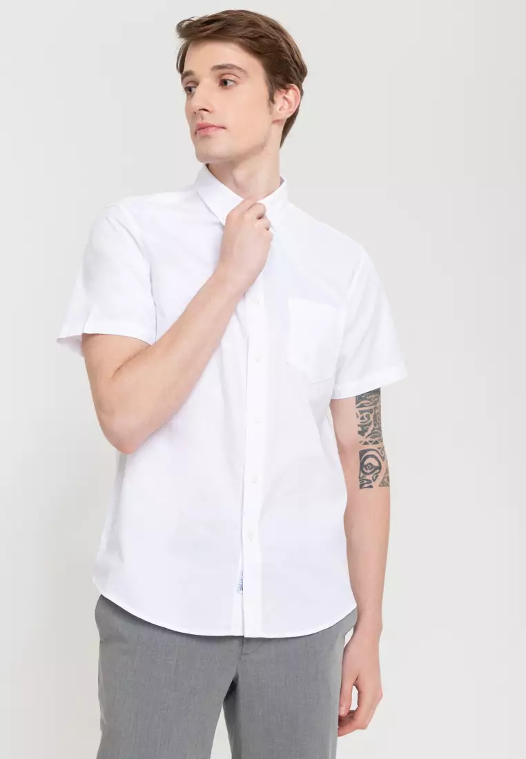 Woven Short Sleeves Casual Oxford Pea Shirt