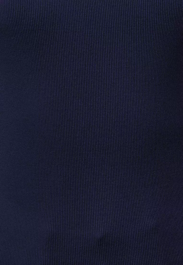 Navy Blue Color Block Fitted Pool Collar Elastic Knitted Tank Top