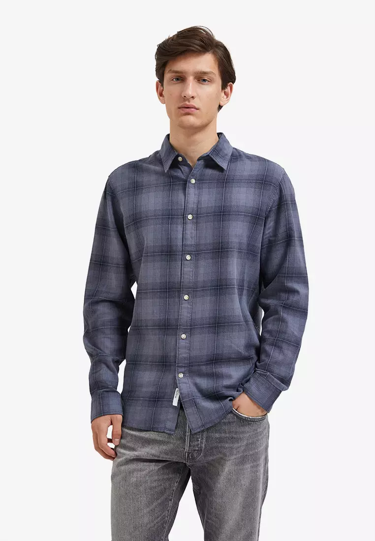 Selected Homme flannel plaid shirt in navy and green