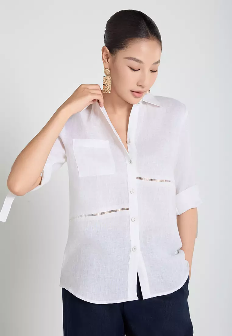 Linen Button-Up Shirt with Lace Accents
