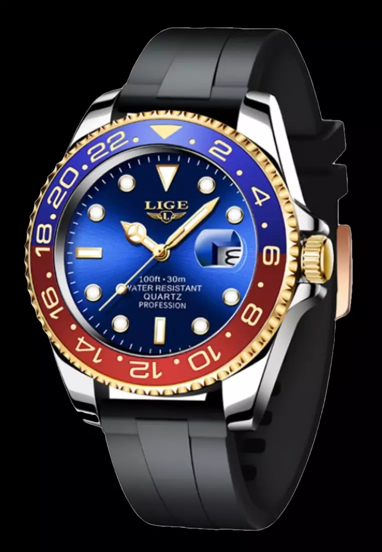 Unisex Classic Diver's Stainless Steel Quartz Watch with turning Bezel on Black Rubber Strap