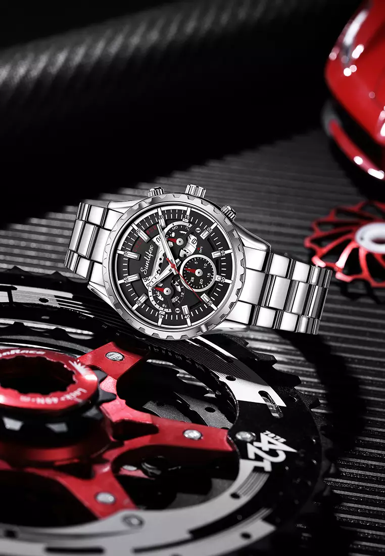 Jam Tangan Pria 8081 Kuarsa Hollow Design Kalender Tali Stainless Steel Jam Tangan Cowok Silverblack