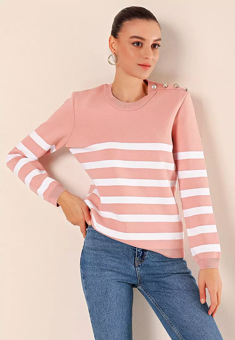 Button Detail Striped Sweater Powder