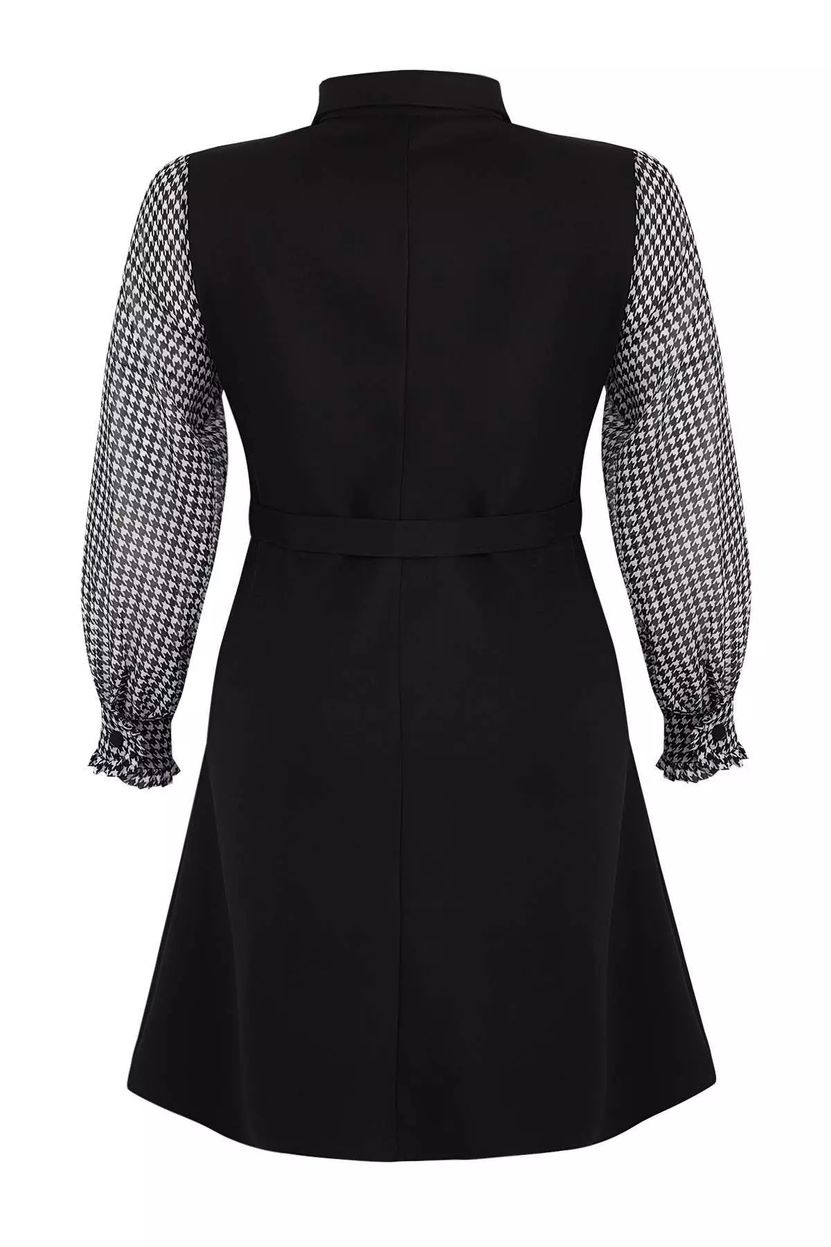 Black Belted Sleeves Houndstooth Mini Woven Plus Size Dress Tbbaw26Ah00031