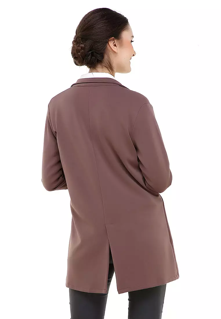 Qemsya Blazer Wanita Two Pockets Two Tone Casual Longsleeve Outer Material Bubbly Strecth ORIGINAL - Dark Brown