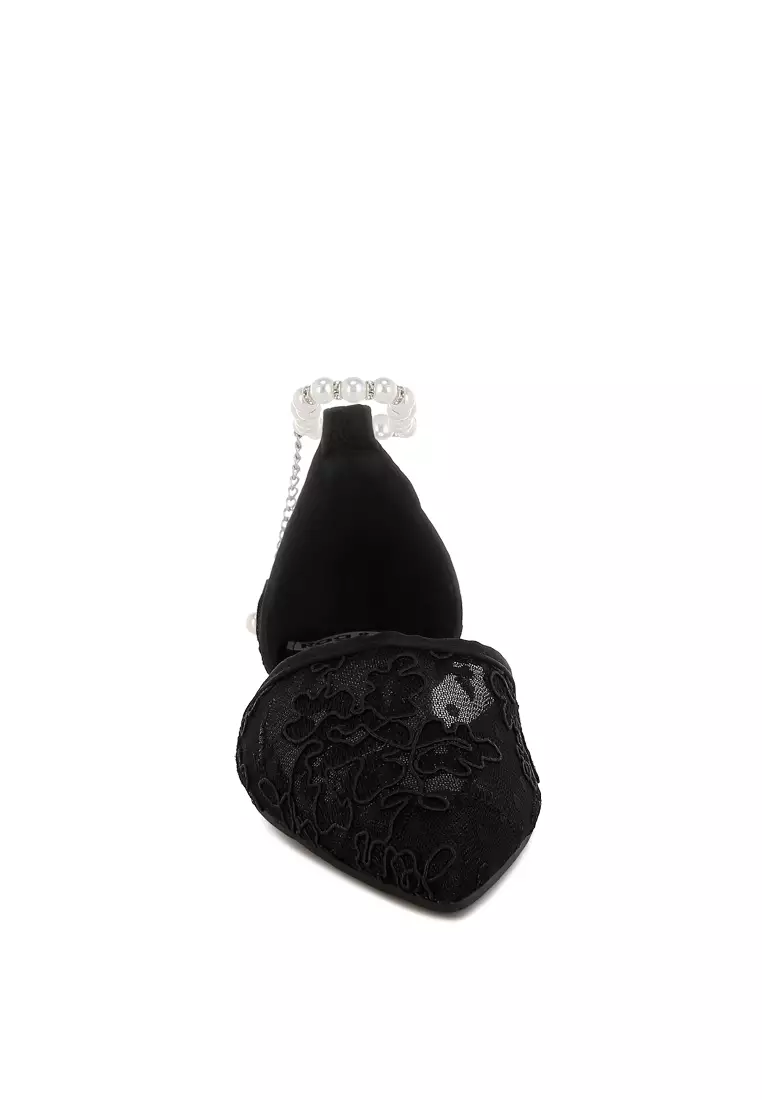 Sandal Datar Tali Mutiara & Berlian Imitasi Warna Hitam