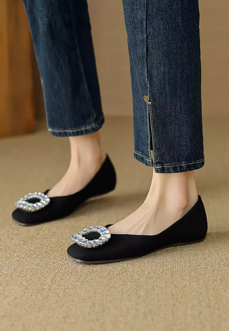 Rhinestone Buckle Square Toe Ballerinas WW566-2