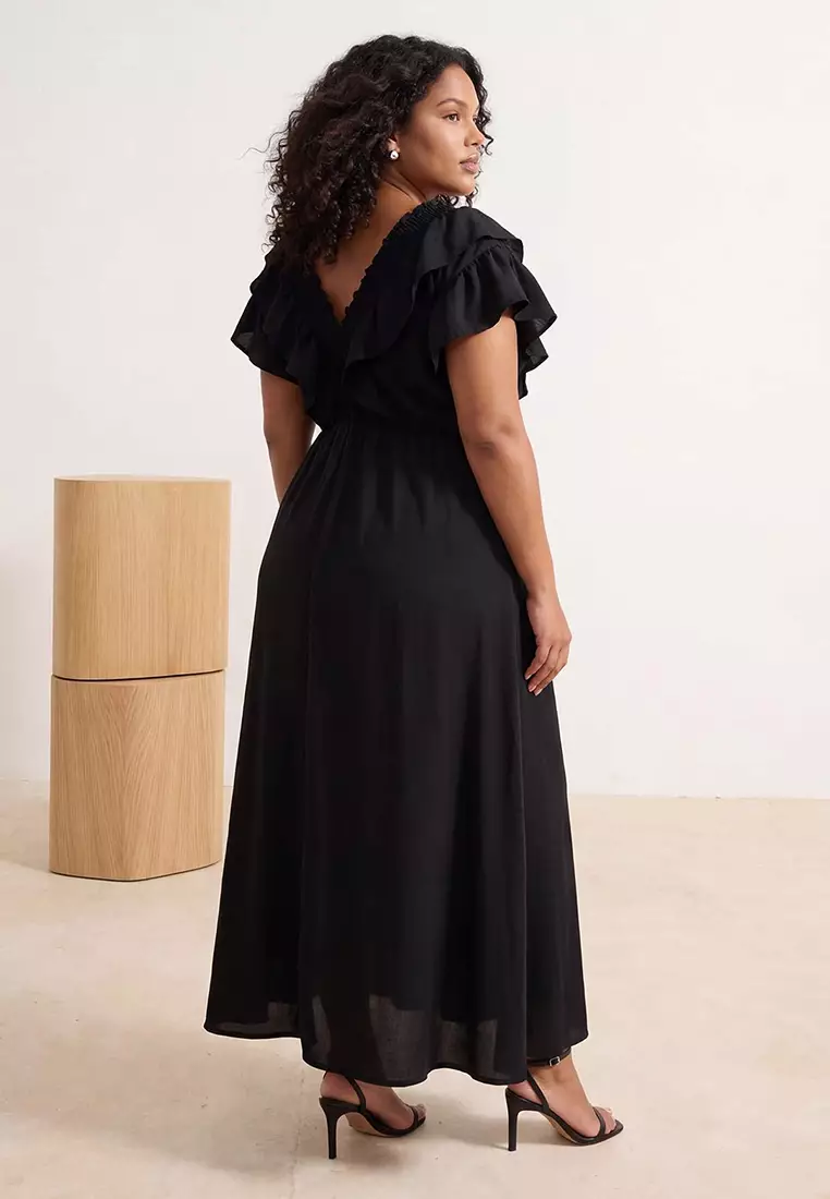 Black Plain A-Line Ruffled Midi Summer Woven Plus Size Dress Tbbss26Ah00034