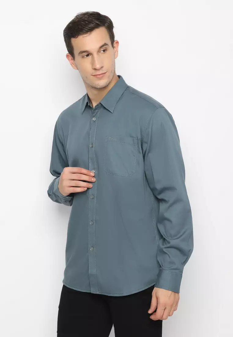 POLICE Kemeja Polos Cotton Twill Blue Grey Regular Fit Lengan Panjang Pria