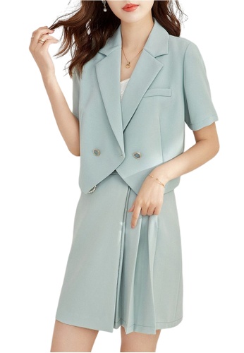 OUNIXUE blue Ol Fashion Temperament Coat + Short Skirt Two-Piece Suit A3A3EAAB8BBAA0GS_1