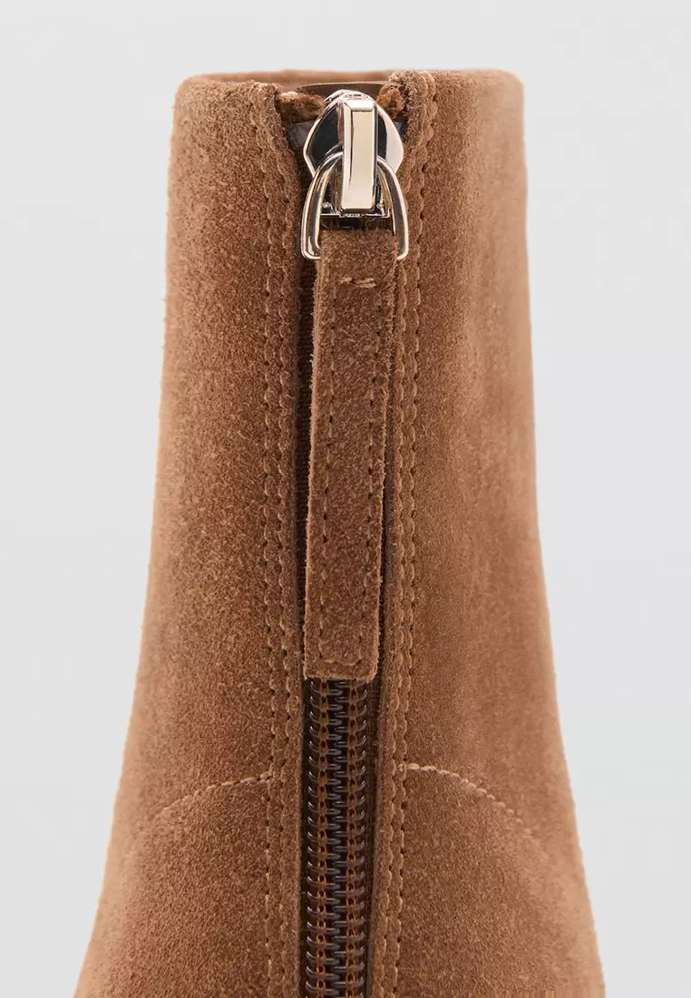 Suede Leather Ankle Boots With Block Heel