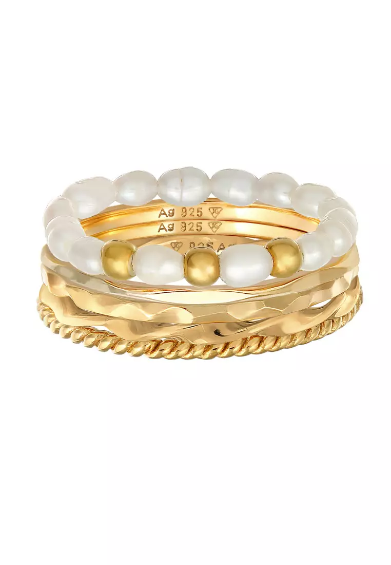 Cincin Perhiasan Perak 925 Wanita Basic Set 5 dengan Mutiara Gold Plated
