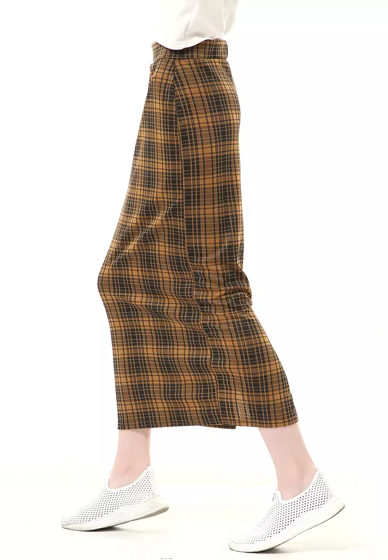 Malina Rok Span Tartan Bawahan Wanita All Size Motif Kotak High Quality - Caramel