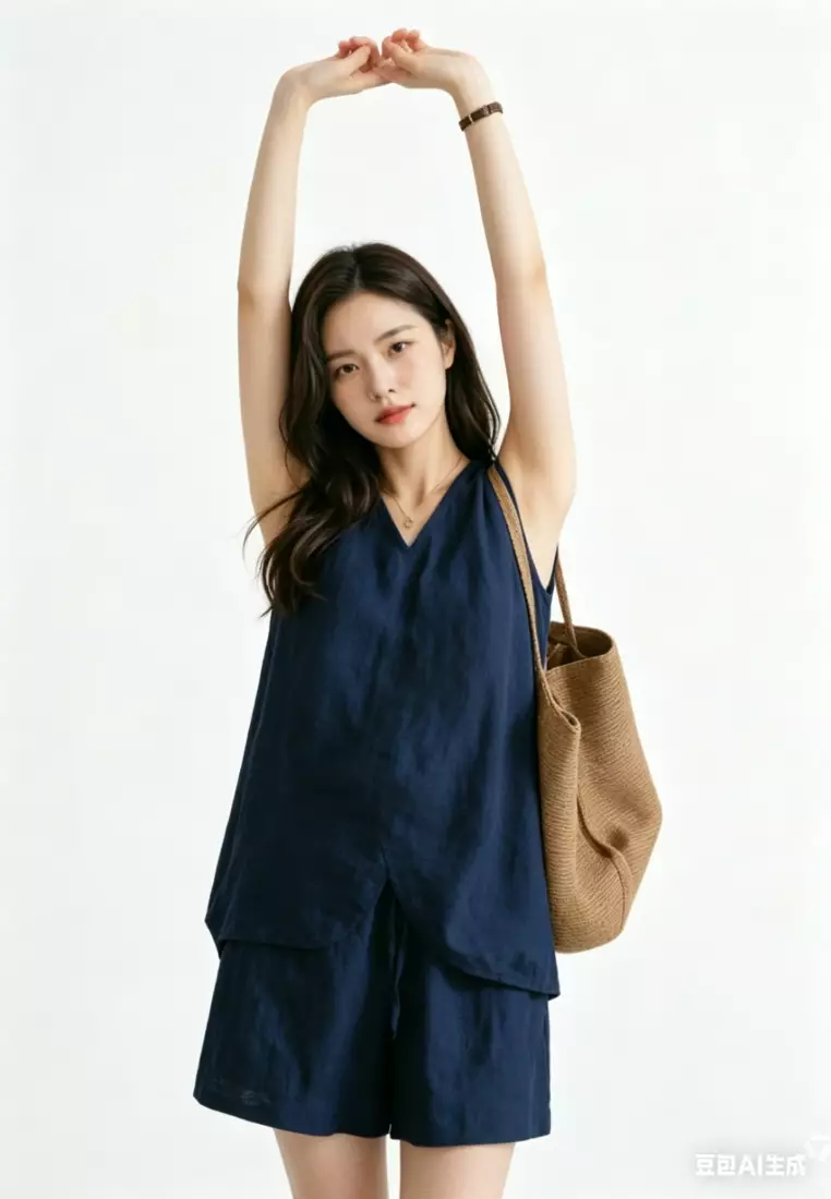 Korean-style Relaxed Linen Tank Top & Shorts Set CA26041054BL