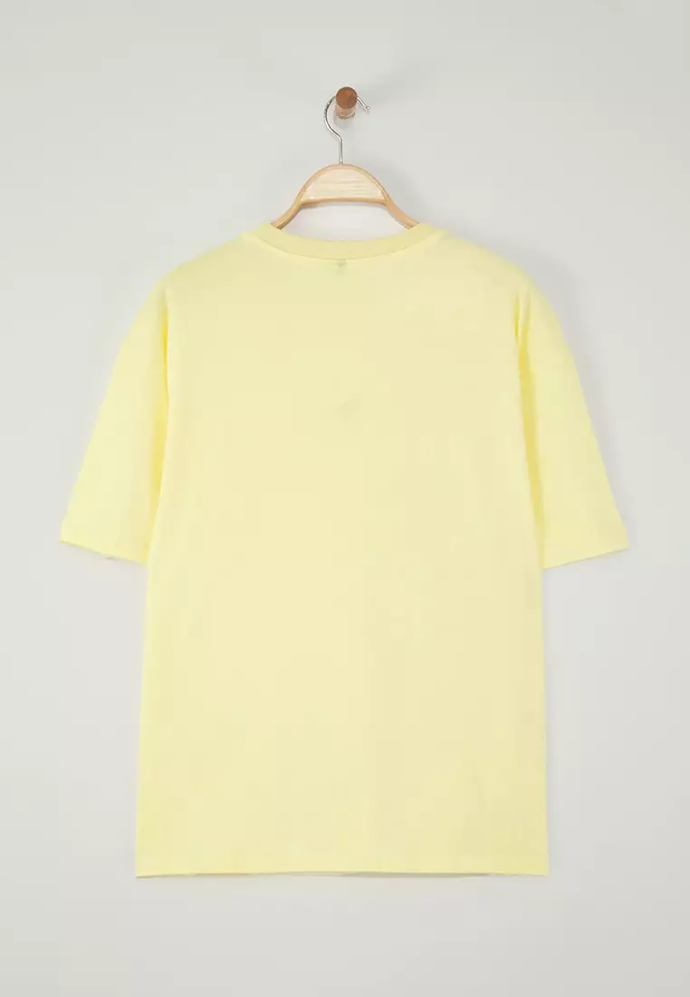 Yellow Oversize/Wide Cut Short Sleeve Dinosaur Embroidered 100% Solid Fabric T-shirt TMNSS23TS00243