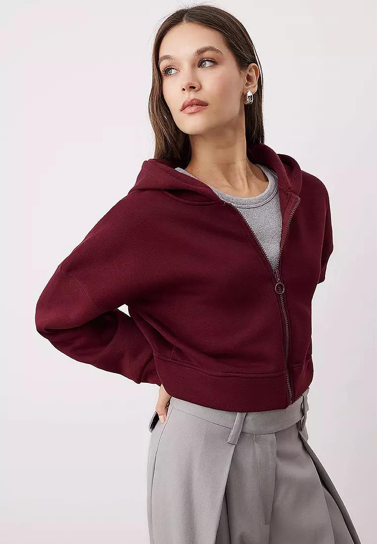 Zippered Hooded Casual Cut Crop Thick Fleece Knitted Sweatshirt
